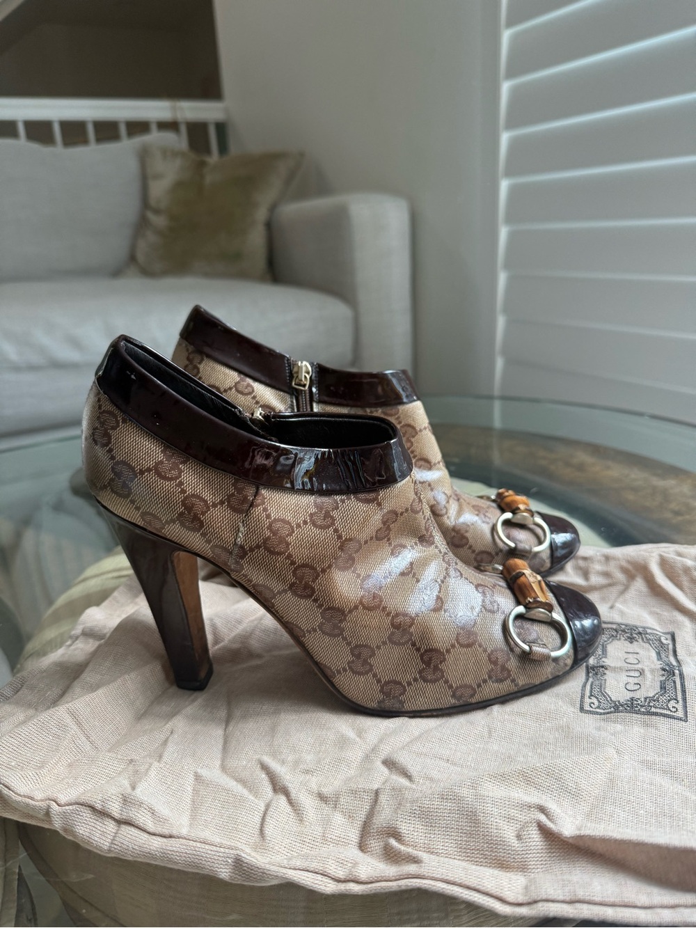 Gucci Brown GG Canvas & Dark Brown Patent Leather Horsebit Heels